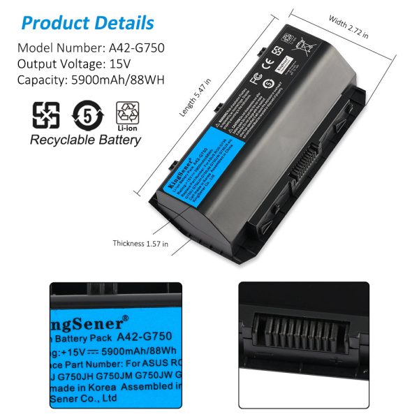 KingSener 15V 88WH A42-G750 Laptop Battery for ASUS ROG G750 G750J G750JH G750JM G750JS G750JW G750JX G750JZ Series 5900mAh Supply