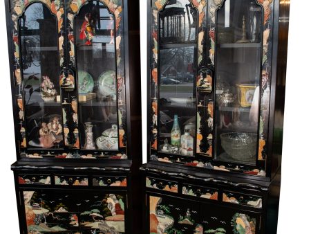 Qing Colored Stone and Jade Black Lacquer Chinese China Cabinet Set Discount