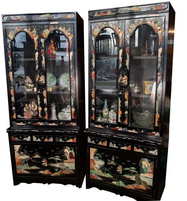 Qing Colored Stone and Jade Black Lacquer Chinese China Cabinet Set Discount