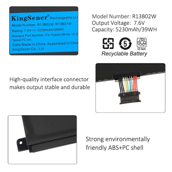 Kingsener 7.6V 5230mAh R13B01W R13B02W Laptop Battery For Xiaomi Mi Air 13.3 inch Series Tablet PC 39WH Hot on Sale