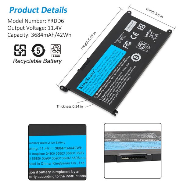 Kingsener YRDD6 Laptop Battery Replacement For Dell Inspiron 15 3000 3493 3582 14 5000 Series 1VX1H 0YRDD6 42wh on Sale